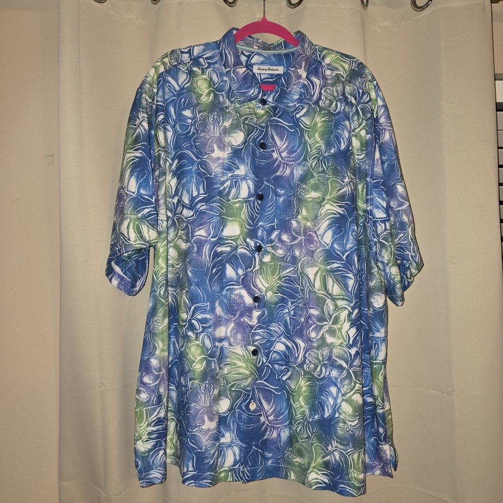 Tommy Bahama Hazy Hibiscus Mens Sz 2XLB Short Sleeve‎ Shirt Silk Blue Green EUC